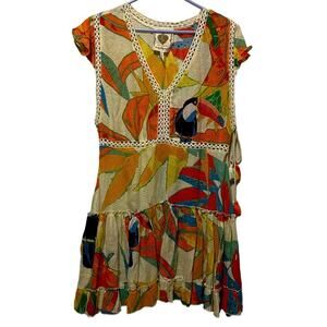 Z&L Tassel Tie Armhole Lace Trimmed Tiered 32" Mini Dress Tucan Print